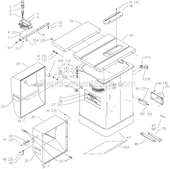 Page A Diagram and Parts List for 36-953 Type 1 Delta Table Saw