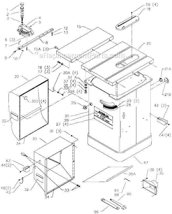 Page A Diagram and Parts List for 36-954 Type 1 Delta Table Saw