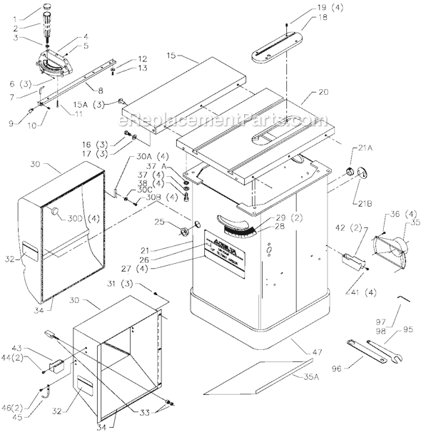 Page A Diagram and Parts List for 36-954 Type 2 Delta Table Saw