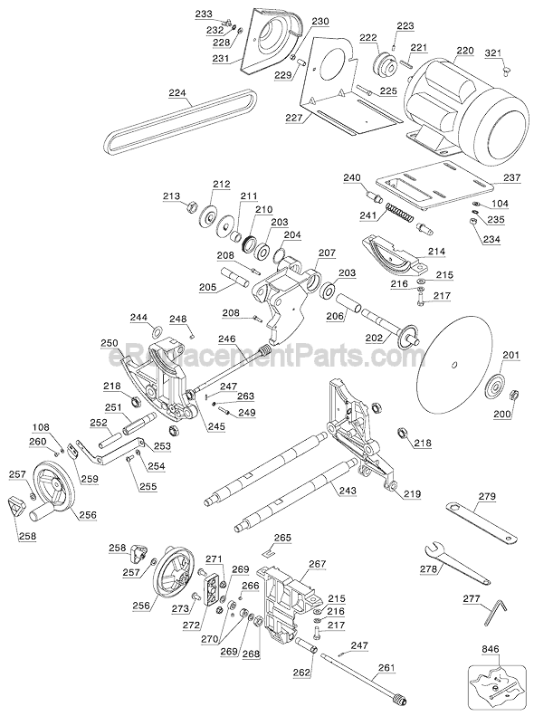 Arbor and Support Assembly  -  Motor Diagram and Parts List for 36-979  Delta Table Saw