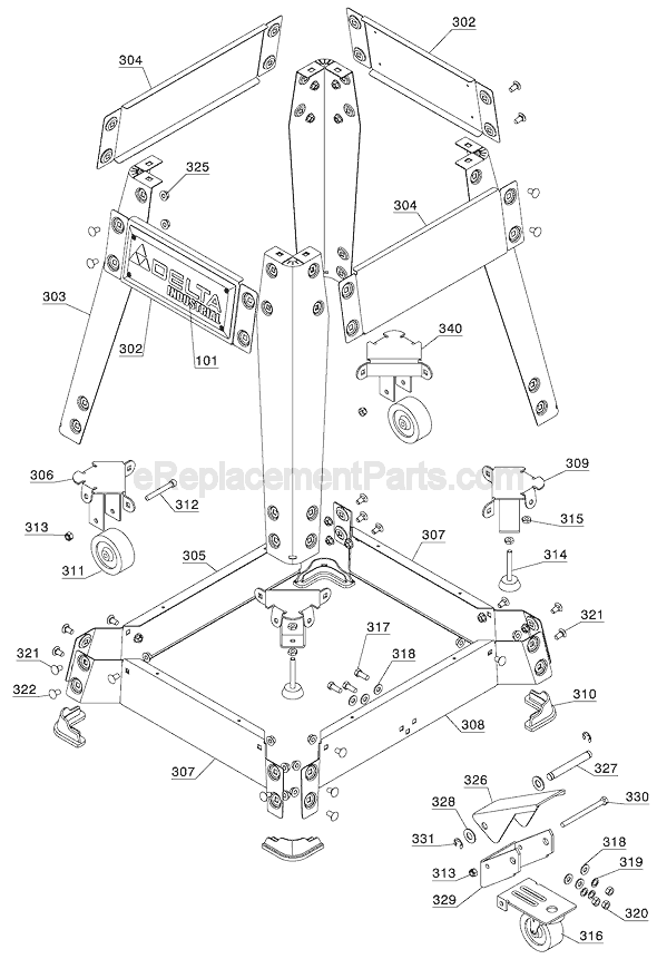 Stand and Mobile Base Assembly Diagram and Parts List for 36-979  Delta Table Saw