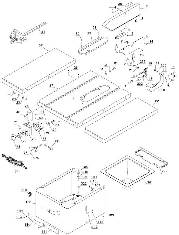 Table and Base Assembly Diagram and Parts List for 36-979  Delta Table Saw