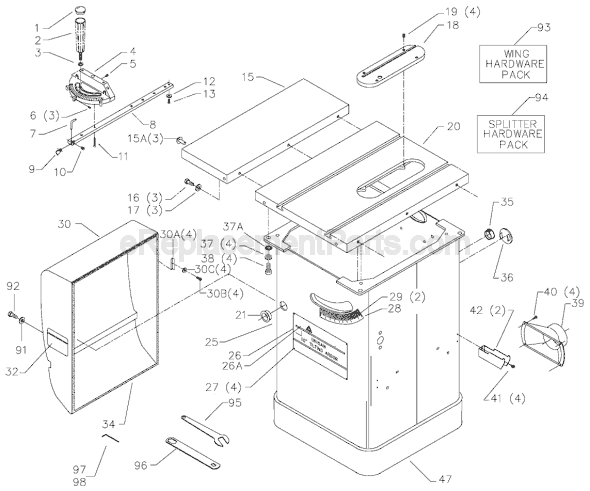 Page A Diagram and Parts List for 36-L31 Type 1 Delta Table Saw
