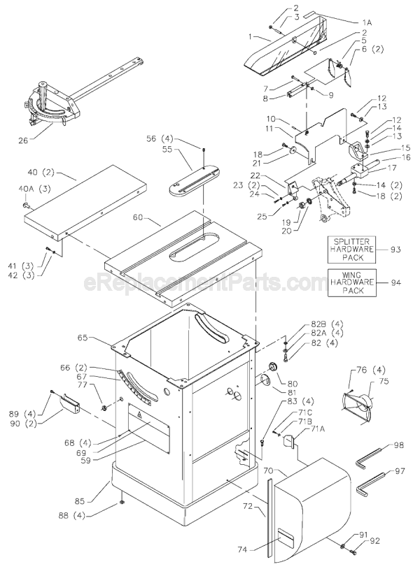 Page A Diagram and Parts List for 36-R51X Type 1 Delta Table Saw