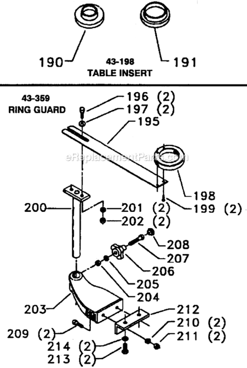 Page A Diagram and Parts List for 43-198 Type 1 Delta Table Saw Accessories