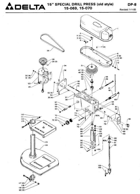 Delta 15-069 Diagram and Parts List for 15-069  Delta Drill Press