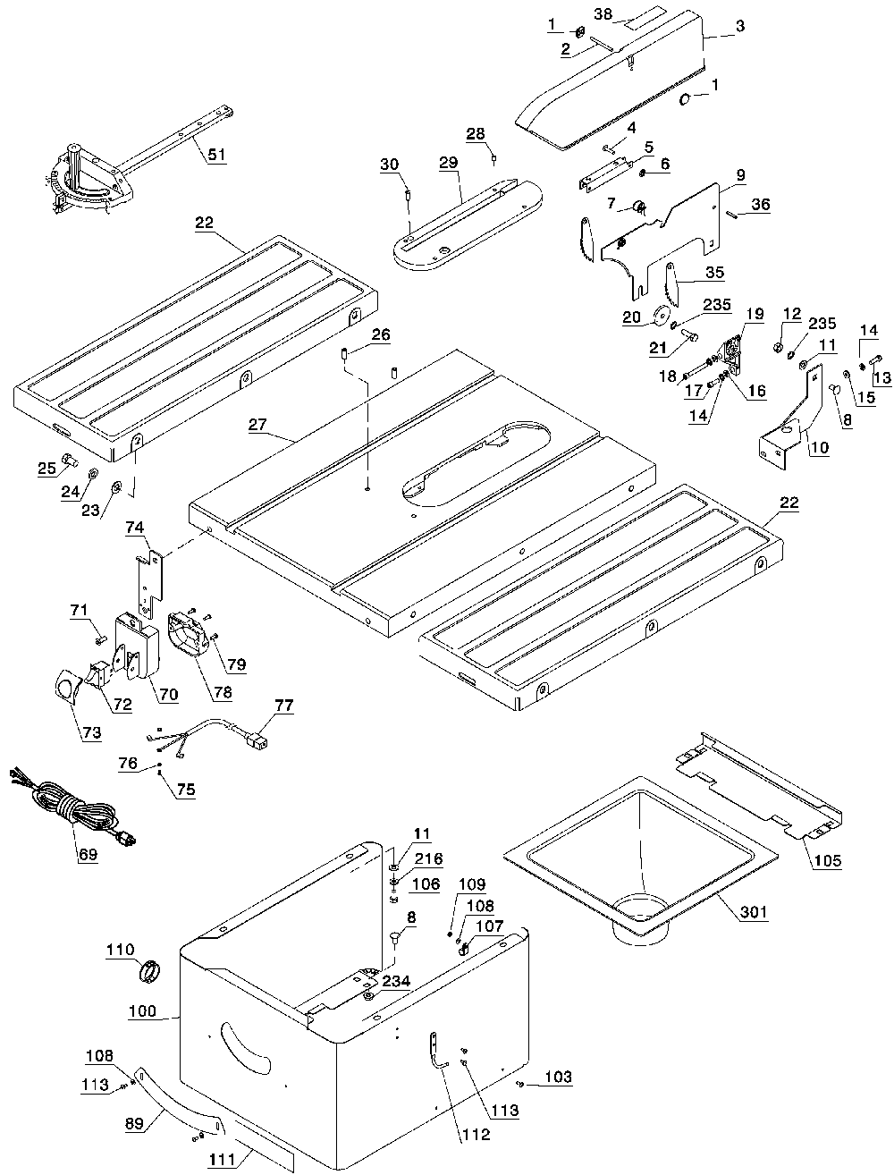 Exploded Diagram A Diagram and Parts List for 36-968 Type 1 Delta Table Saw