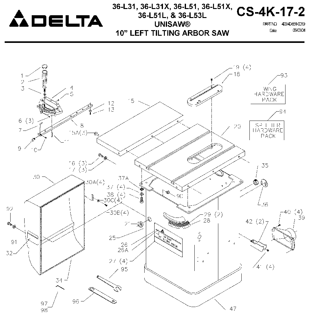Exploded Diagram A Diagram and Parts List for 36-L53L575-BC50 Type 1 Delta Tile Saw