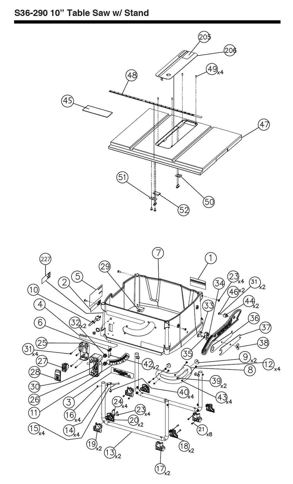 Fig-0 Diagram and Parts List for S36-290  Delta Saw