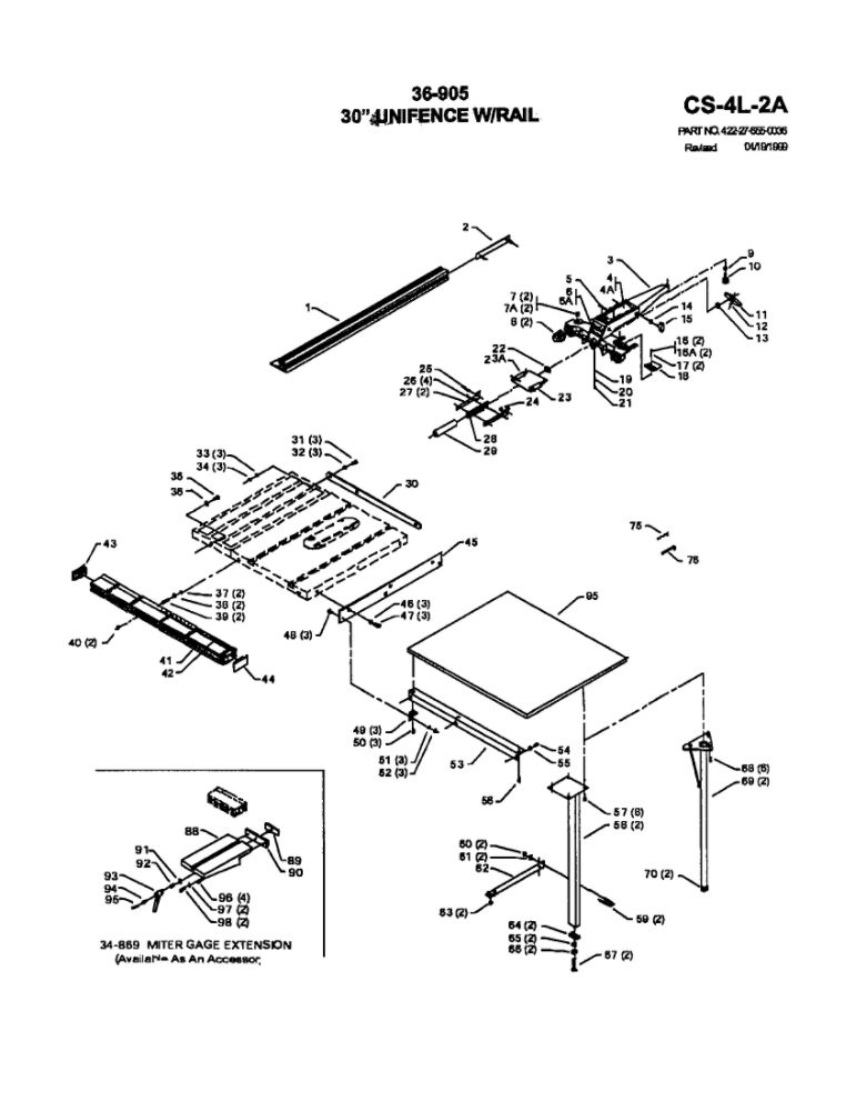 30-Inch Unifence With Rail Diagram and Parts List for 34-440 90C12580 THRU 95H98459 Delta Table Saw