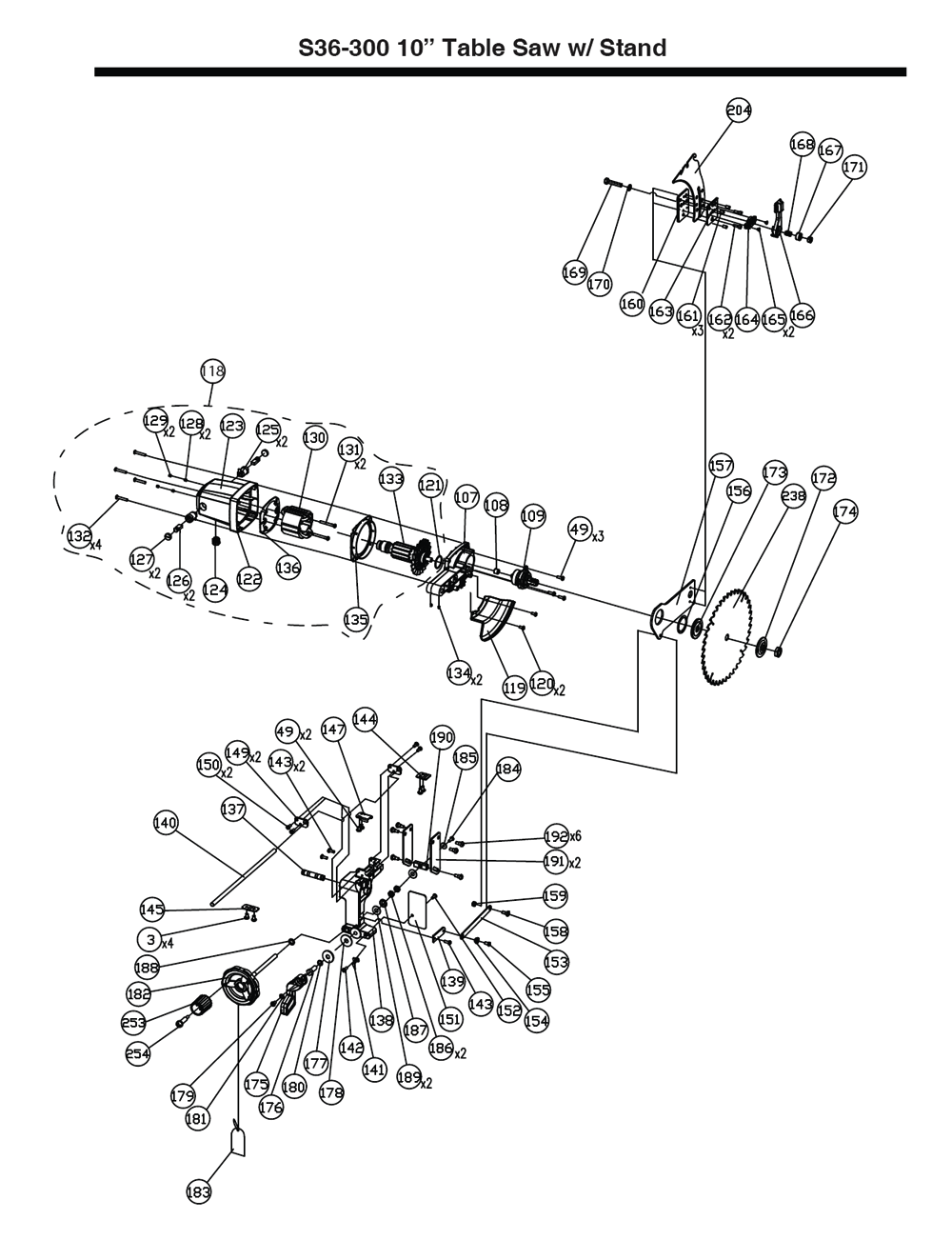 Fig-1 Diagram and Parts List for S36-300  Delta Saw
