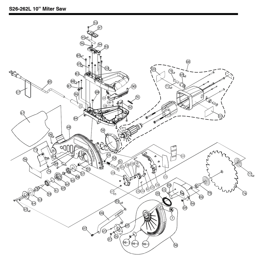 Fig-1 Diagram and Parts List for S26-262LS  Delta Saw