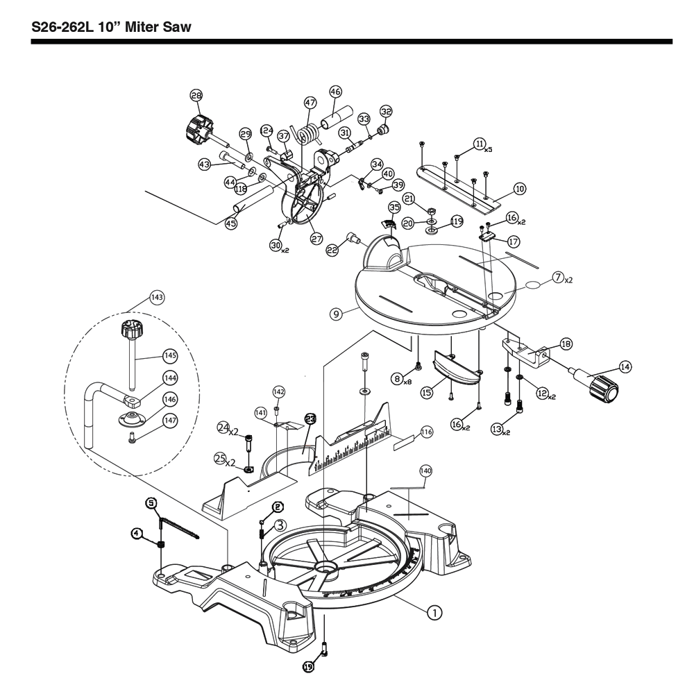 Fig-0 Diagram and Parts List for S26-262LS  Delta Saw