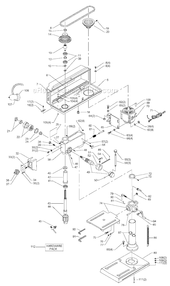 Page A Diagram and Parts List for DP200 Type 1 Delta Drill Press