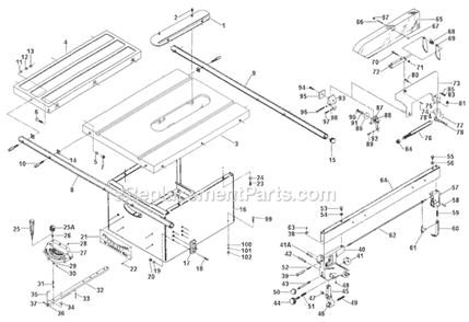 Page A Diagram and Parts List for 34-444 Type 1 Delta Table Saw