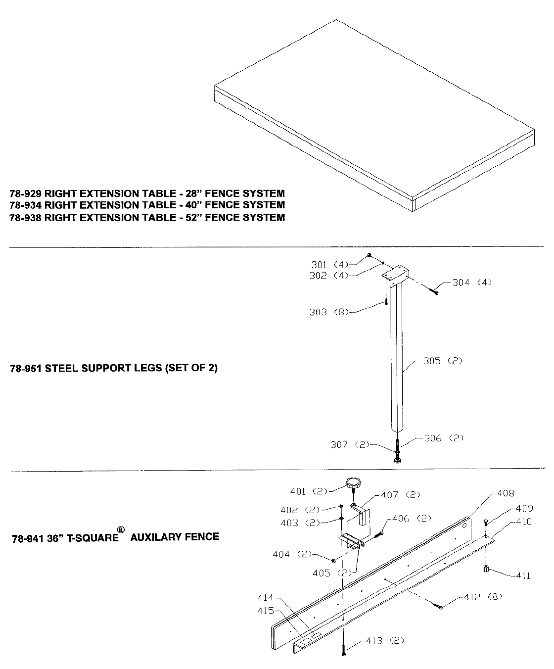 Default 2 Diagram and Parts List for J-78-931 Type 1 Delta Table Saw Accessories