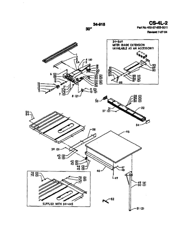 30-Inch Unifence Diagram and Parts List for 34-440 95H98460 & HIGHER Delta Table Saw