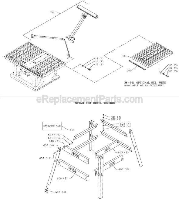 Outfeed Roller and Stand Diagram and Parts List for TS200LS Type 1 Delta Table Saw