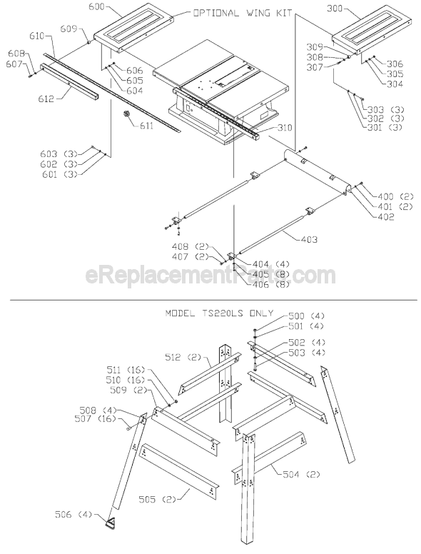 Page C Diagram and Parts List for TS220LS Type 1 Delta Table Saw