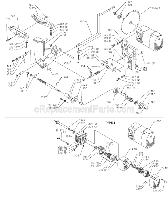 Page B Diagram and Parts List for TS300 Type 1 Delta Table Saw