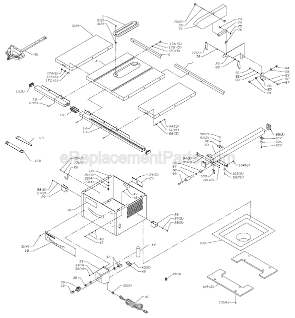 Page A Diagram and Parts List for TS350 Type 1 Delta Table Saw