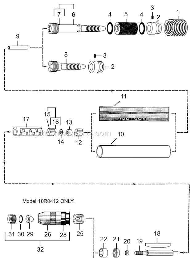 Page A Diagram and Parts List for 10R0412-18  Dotco Angle Grinder