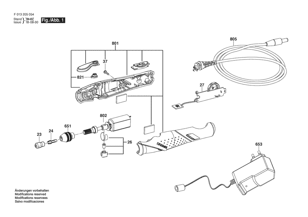 Section 1 Diagram and Parts List for 2050-11 F 013 205 002 Dremel Router