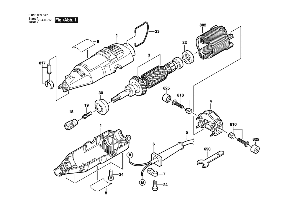 Section 1 Diagram and Parts List for 395 F 013 039 520 Dremel Router