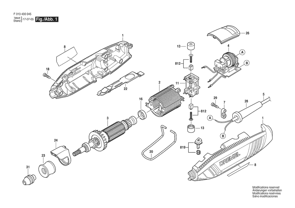 Section 1 Diagram and Parts List for 4300230V F 013 430 045 Dremel Router