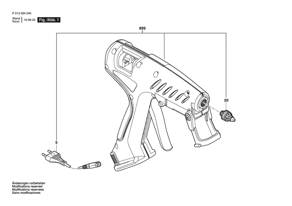 Section 1 Diagram and Parts List for 0940 F 013 094 045 Dremel Glue Gun