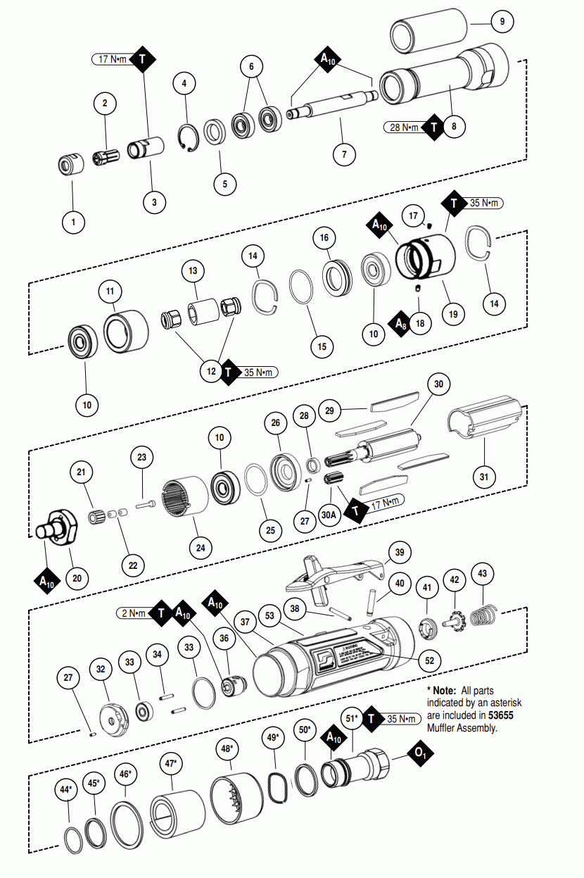 Section 1 Diagram and Parts List for 52674  Dynabrade Grinder