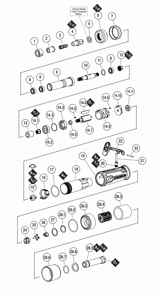 Section 1 Diagram and Parts List for 43505  Dynabrade Grinder