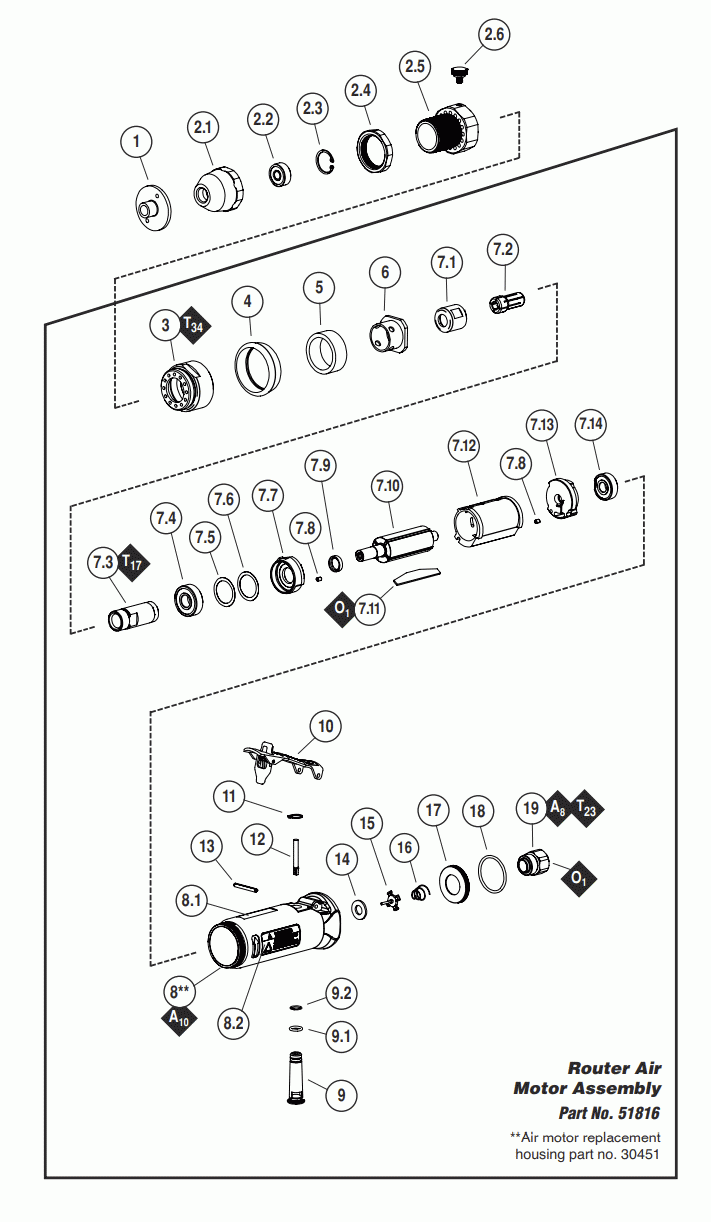 Section 1 Diagram and Parts List for 51816  Dynabrade Drill