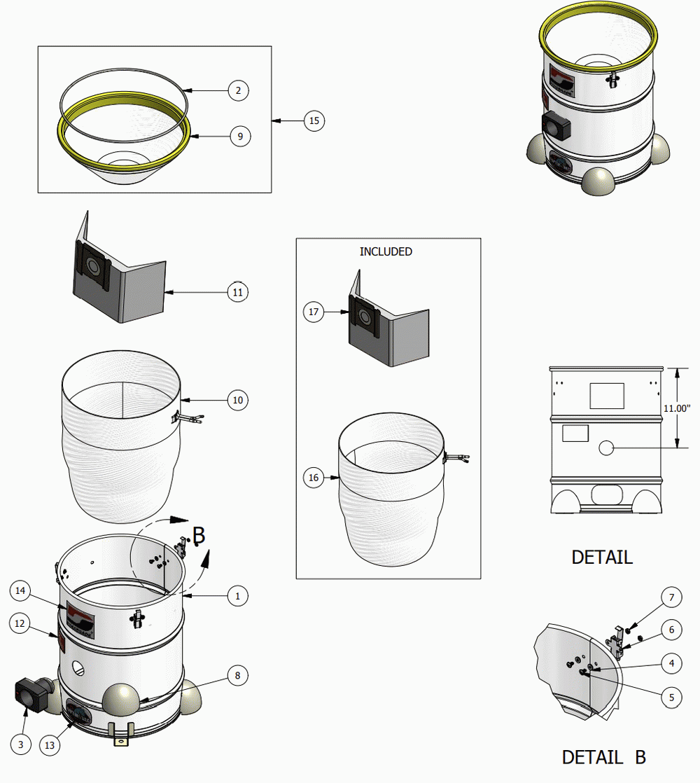 Tank Diagram and Parts List for AVSD-40L  Dynabrade Dust Collector