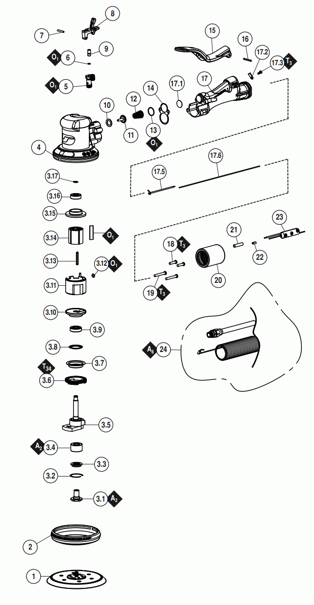 Section 1 Diagram and Parts List for 58652  Dynabrade Sander