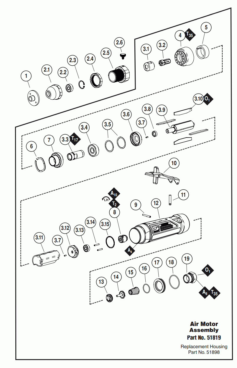 Section 1 Diagram and Parts List for 51865  Dynabrade Grinder
