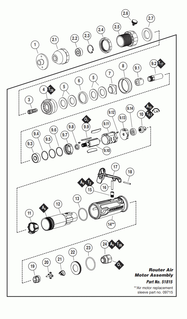 Section 1 Diagram and Parts List for 51862  Dynabrade Grinder
