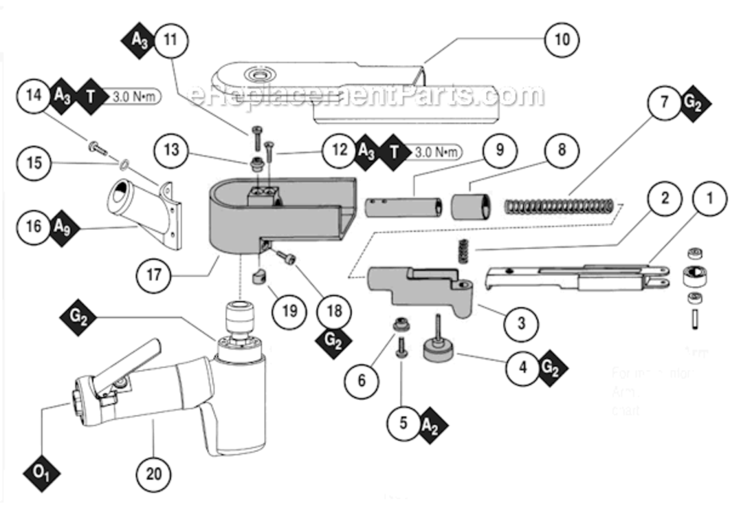 Main Assembly Diagram and Parts List for 40330  Dynabrade Bandfile