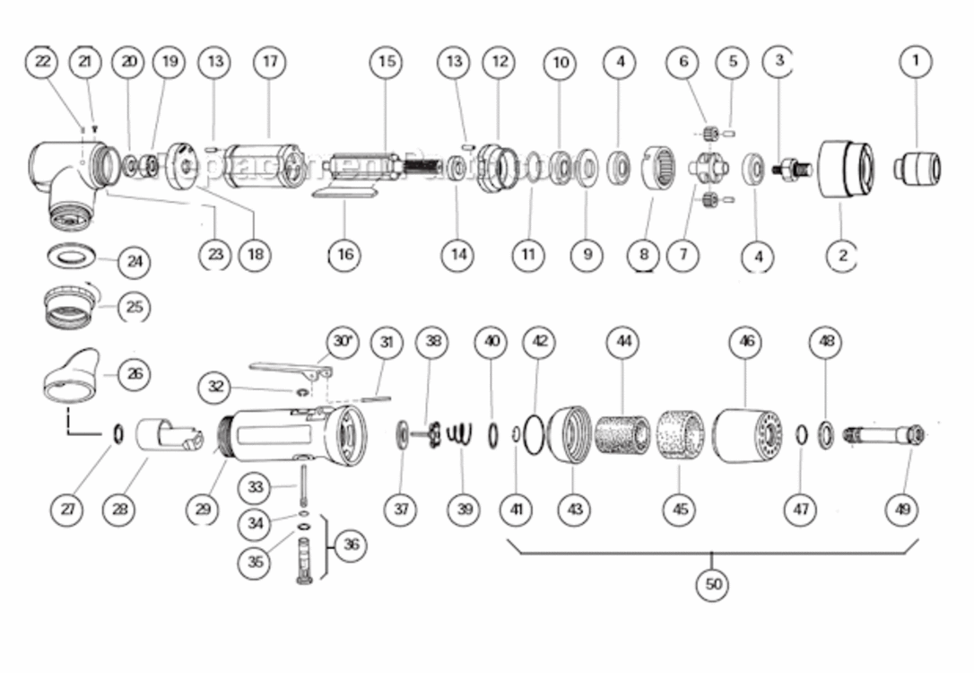 Air Motor Diagram and Parts List for 40381  Dynabrade Bandfile