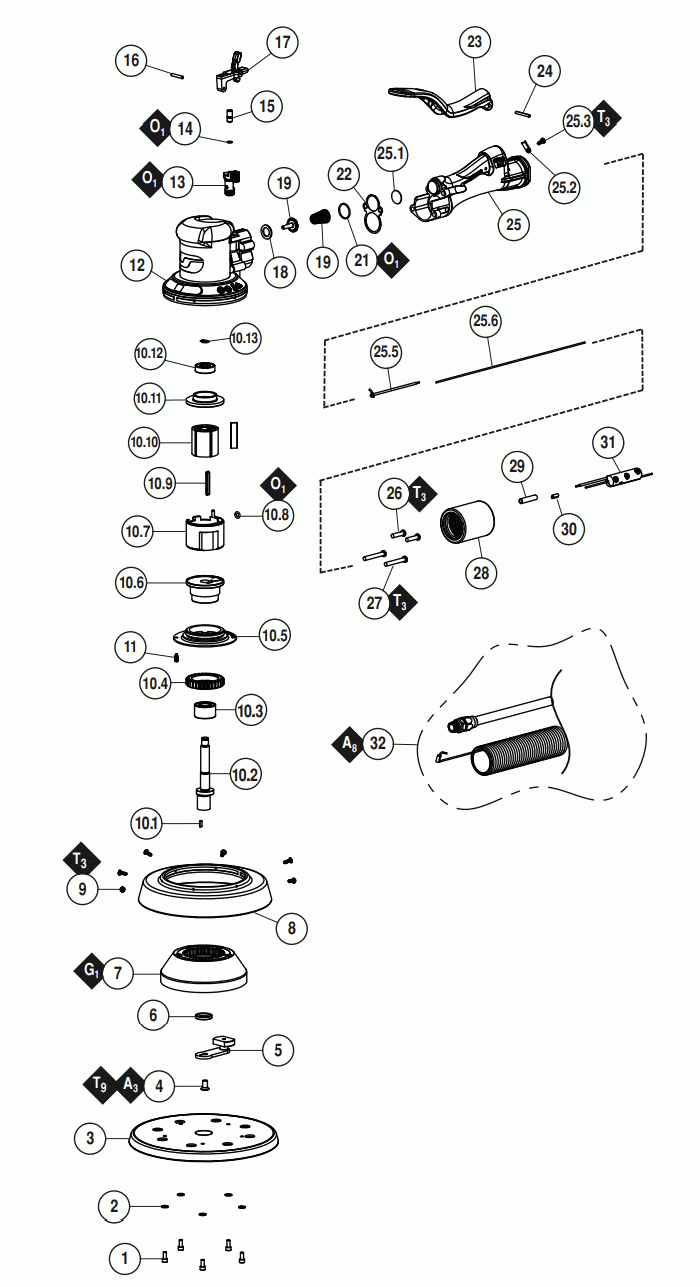 Section 1 Diagram and Parts List for 58660  Dynabrade Sander