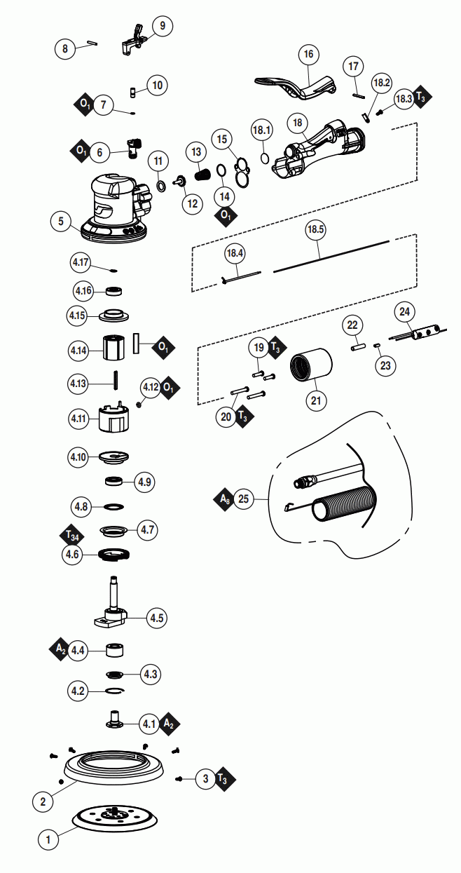 Section 1 Diagram and Parts List for 58651  Dynabrade Sander