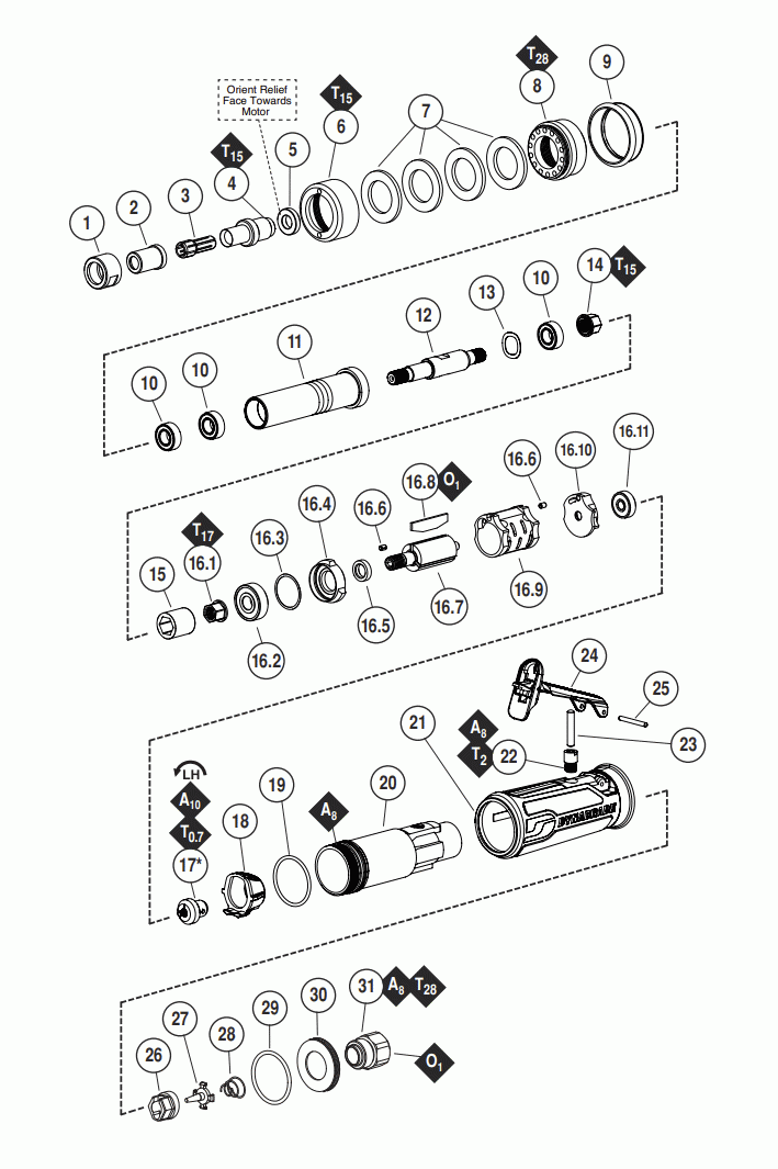 Section 1 Diagram and Parts List for 43510  Dynabrade Grinder