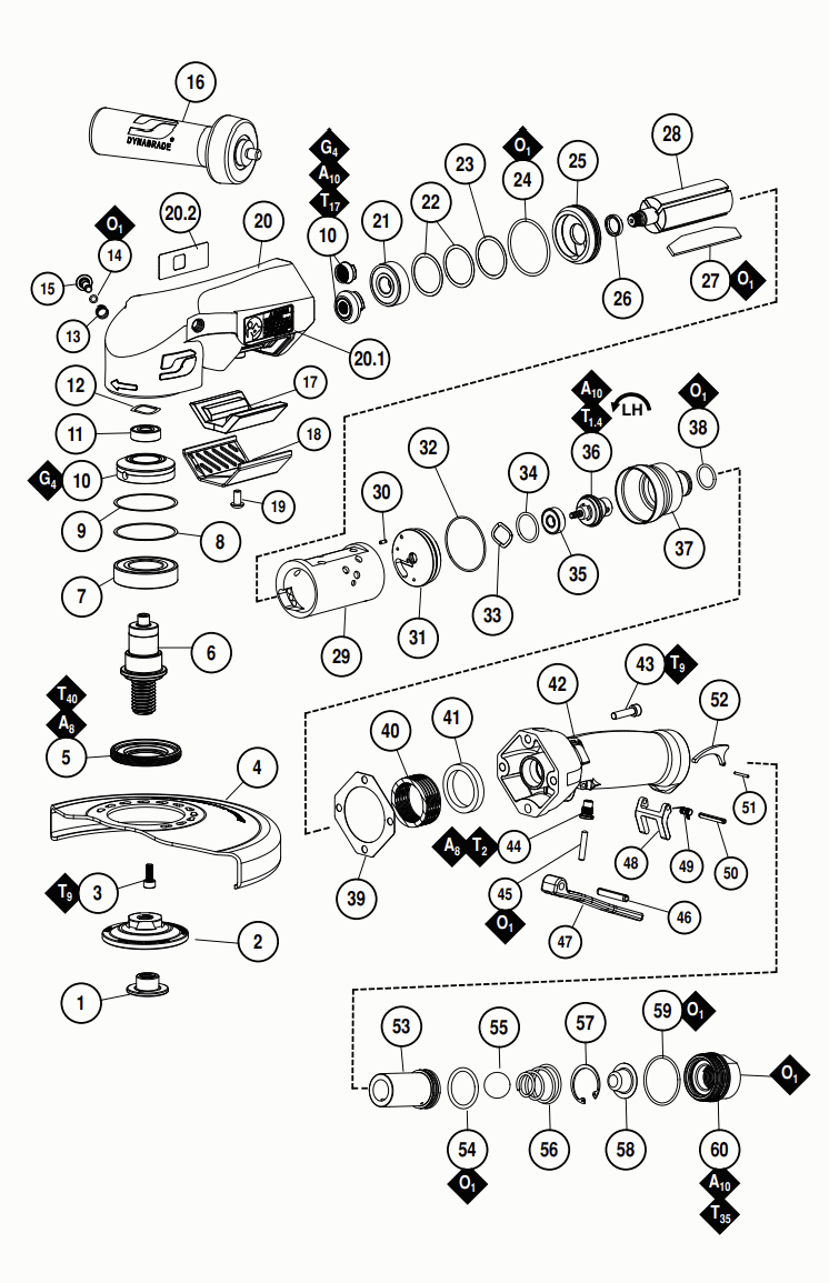 Section 1 Diagram and Parts List for 53280  Dynabrade Grinder