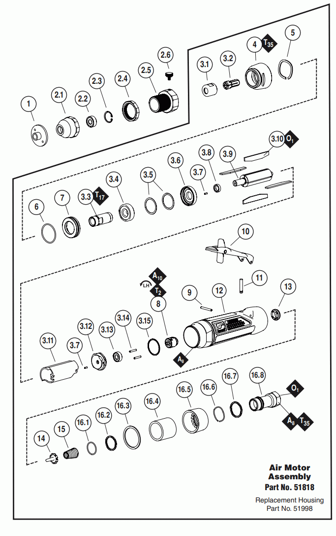 Section 1 Diagram and Parts List for 51818  Dynabrade Grinder