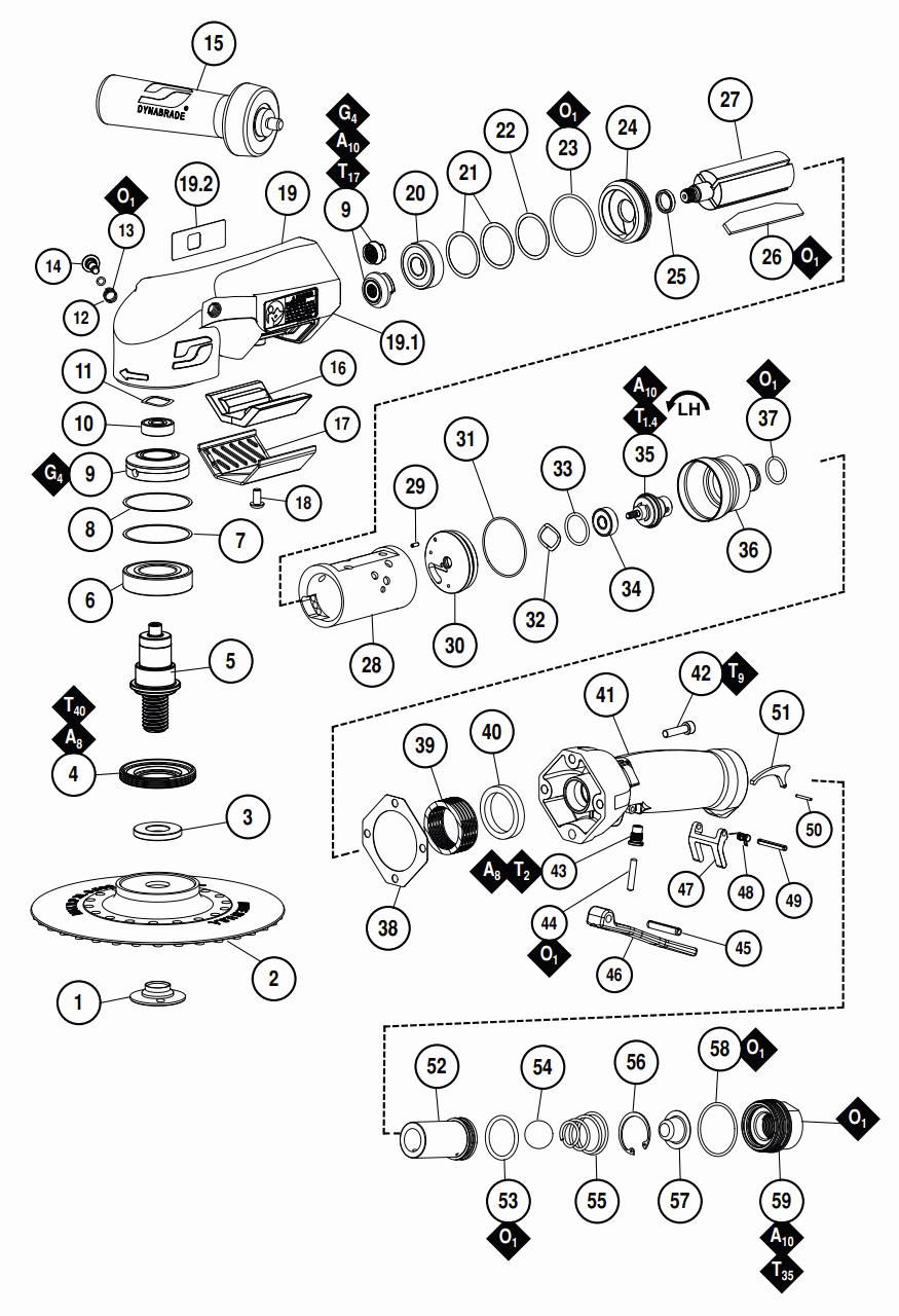 Section 1 Diagram and Parts List for 53272  Dynabrade Grinder