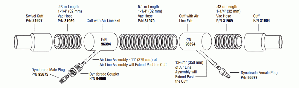 COAXIAL VACUUM HOSE ASSEMBLY Diagram and Parts List for 61403  Dynabrade Dust Collector
