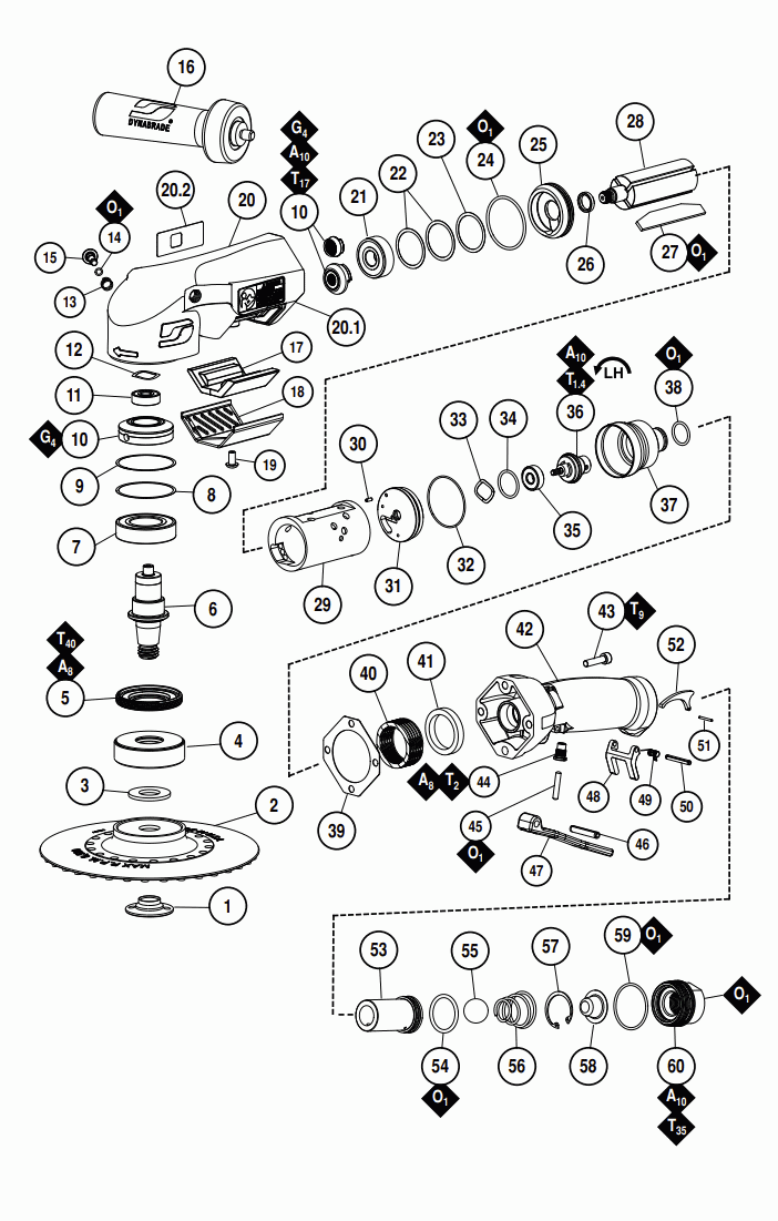 Section 1 Diagram and Parts List for 53275  Dynabrade Grinder