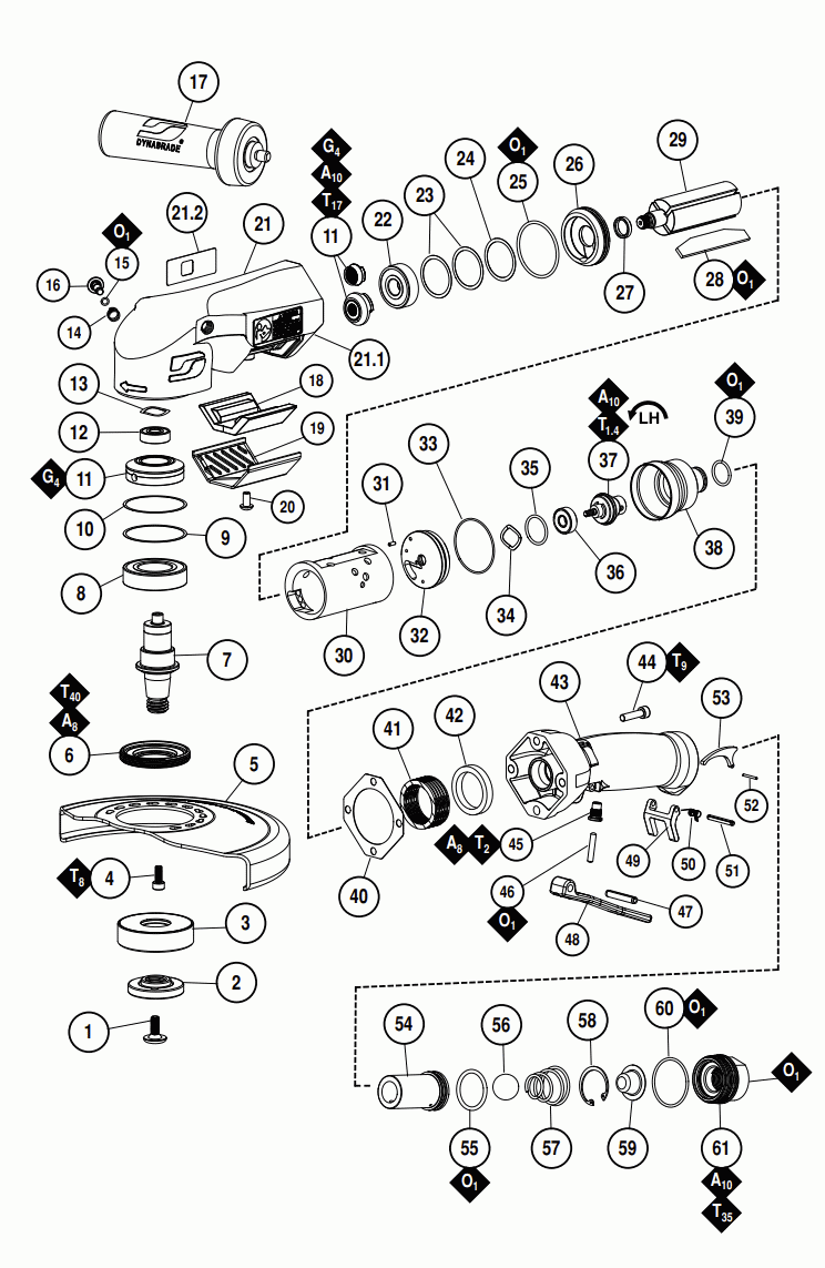 Section 1 Diagram and Parts List for 53281  Dynabrade Grinder