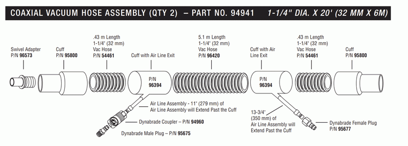 Coaxial Vacuum Hose Assembly Diagram and Parts List for 61408  Dynabrade Dust Collector