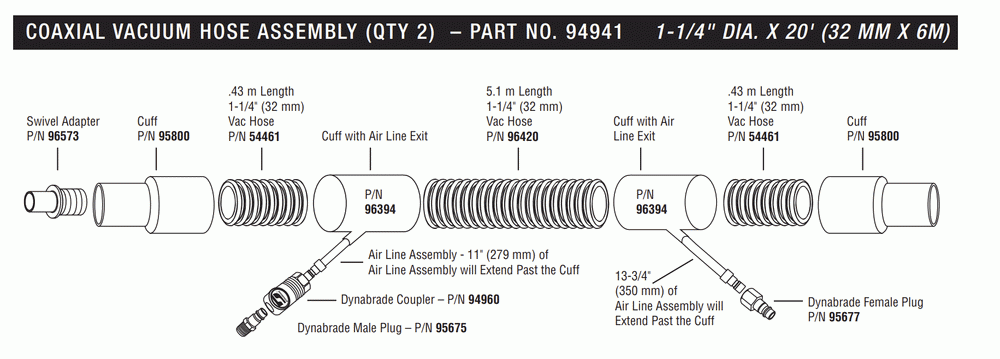 Coaxial Vacuum Hose Assembly Diagram and Parts List for 61408  Dynabrade Dust Collector